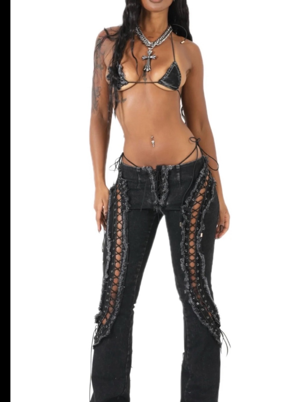 Women's Black Lace-Up Side Flare Jeans